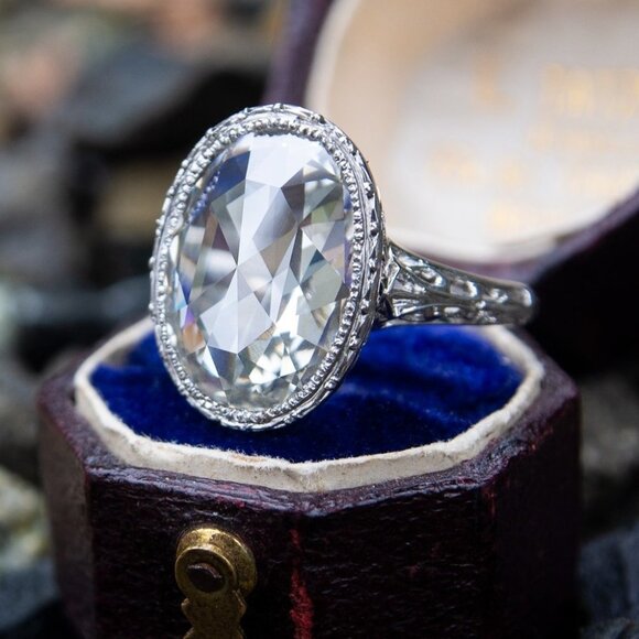 💥 Dainty Noble Anillos Large Oval Pure ZirconSilverPlatedVintageRing, UNVN12058 - Picture 4 of 8